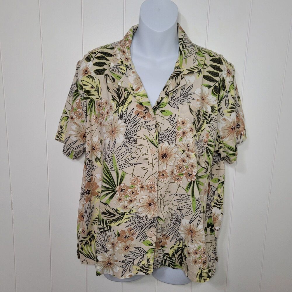 Erika Top Womens Medium Tropical Hawaiian Tan Green Button Up Short Sleeve